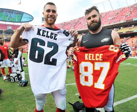 Travis Kelce, Jason Kelce. Twins Kansas City Chiefs tight end Travis Kelce, left, and Philadelphia Eagles center Jason Kelce (62) exchange jerseys following an NFL football game in Kansas City, Mo
Eagles Chiefs Football, Kansas City, USA - 17 Sep 2017