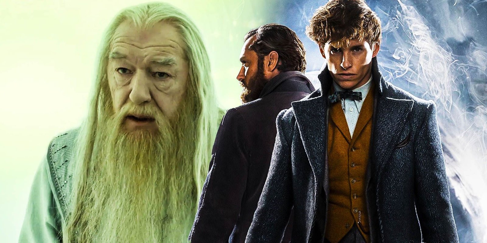 A split image of Dumbledore from Harry Potter and Fantastic Beasts.